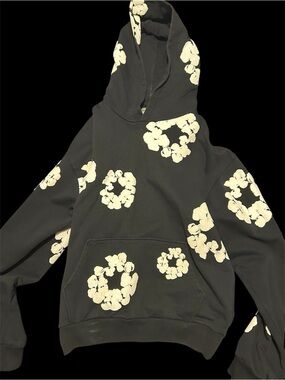 Black Hoodie with Cream Floral Ring Accents
